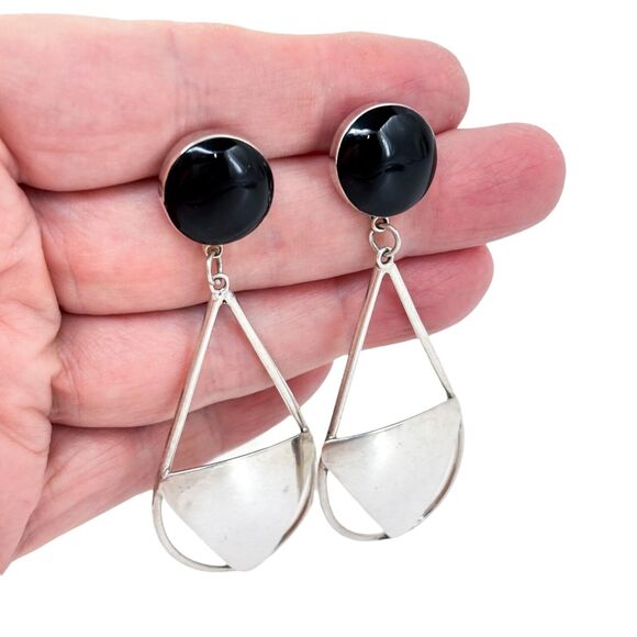Vintage Mexico Taxco TS-79 Sterling Silver 925 Onyx Geometric Dangle Earrings - Picture 1 of 7